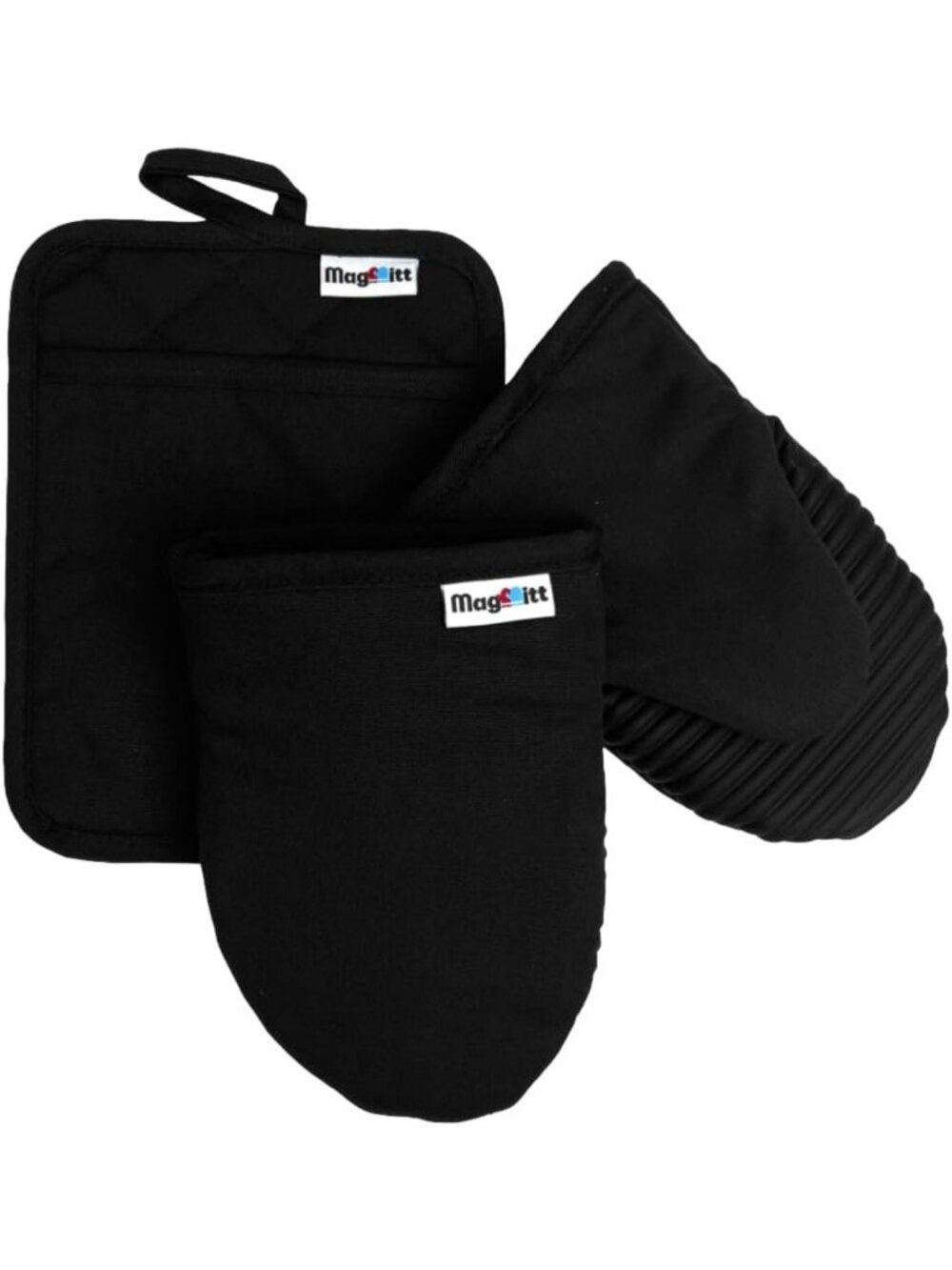 High Heat Silicone Magnetic Oven Mitts & Pot Holder Set - 3 Piece Kitchen